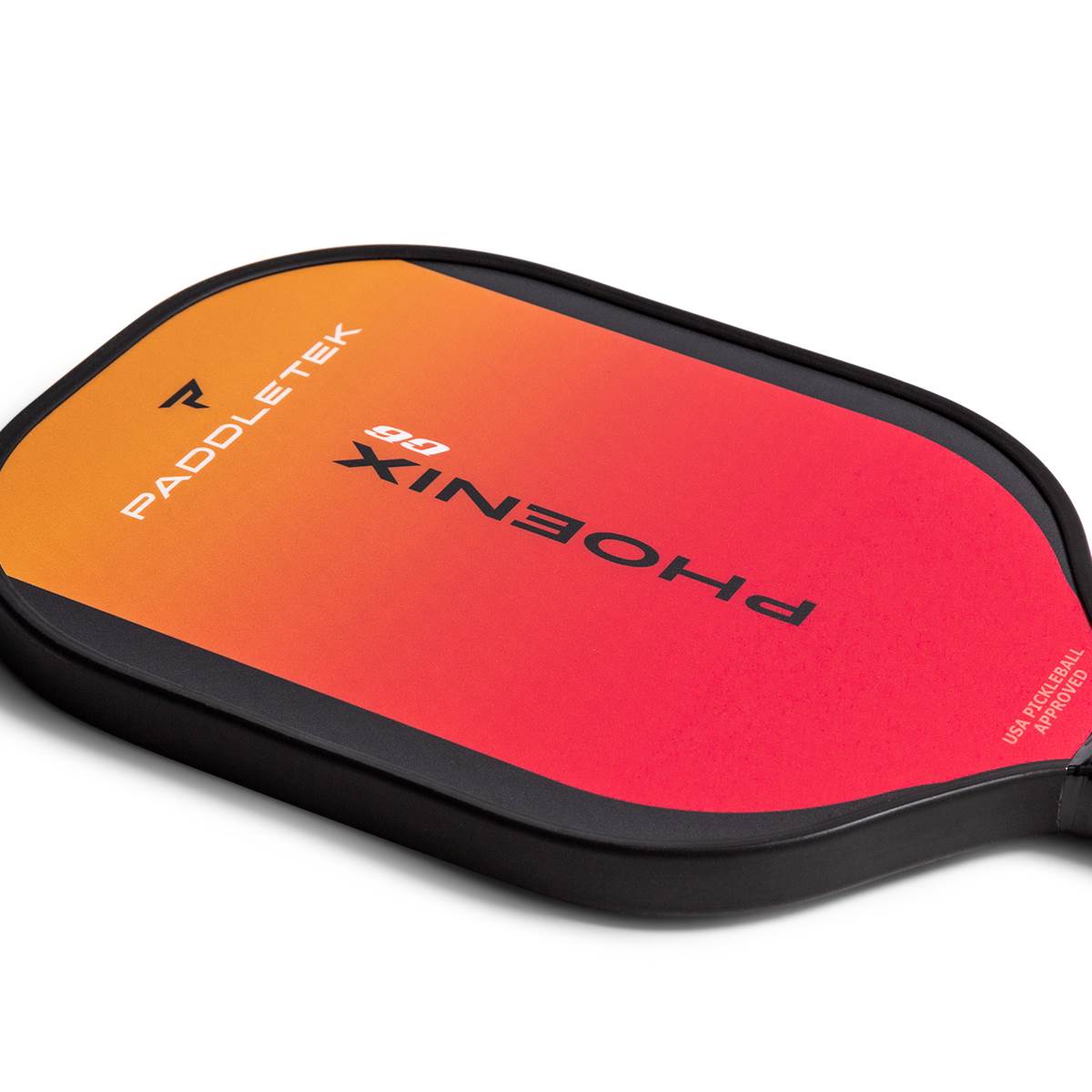 Top-down view of a black pickleball paddle with orange-to-red gradient, PADDLETEK and PHOENIX G6 text.