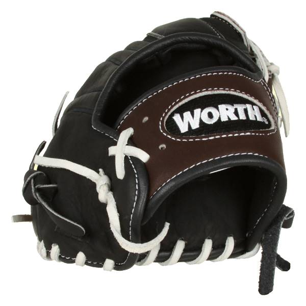 Side view of a black and brown baseball glove with white lacing and WORTH branding.