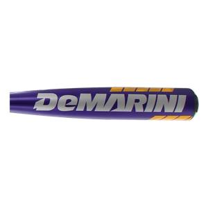 Side view of a purple baseball bat with white DeMARINI logo and yellow accents.