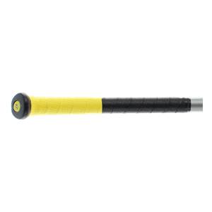 Side view of a black and yellow baseball bat with a textured grip and a black end cap.
