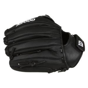 Side view of a black Wilson A2000 glove with white A2000 text and a white Wilson W logo.