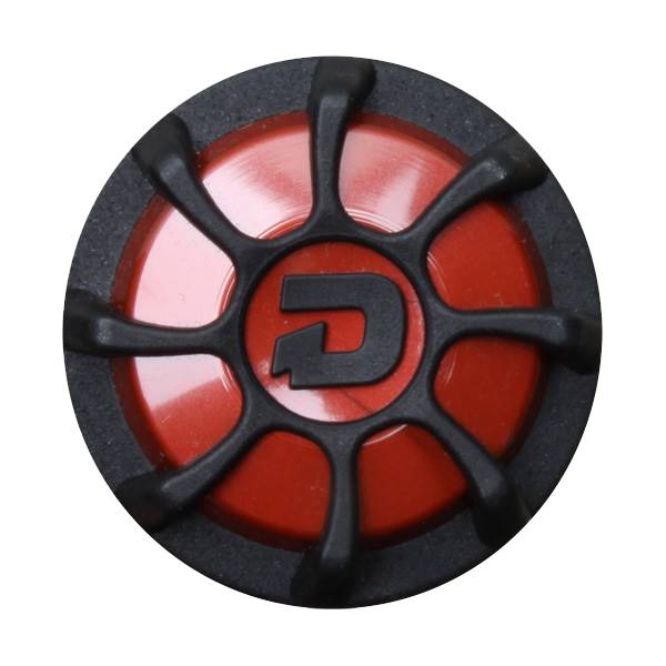 Top-down view of a black and red DeMarini bat end cap with a black D logo.