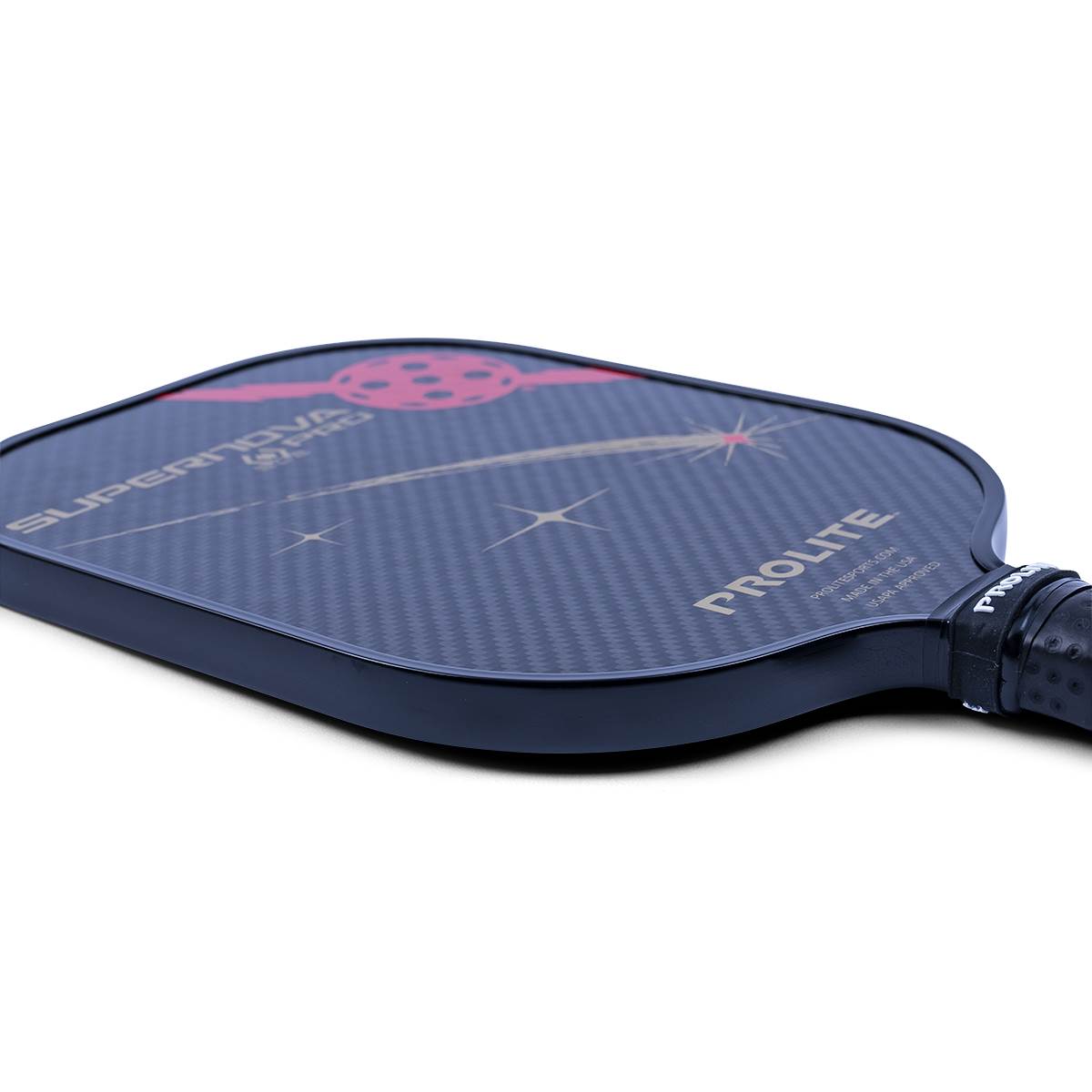 Side view of a dark blue pickleball paddle with PROLITE and SUPERNOVA PRO text and a pink circular graphic.