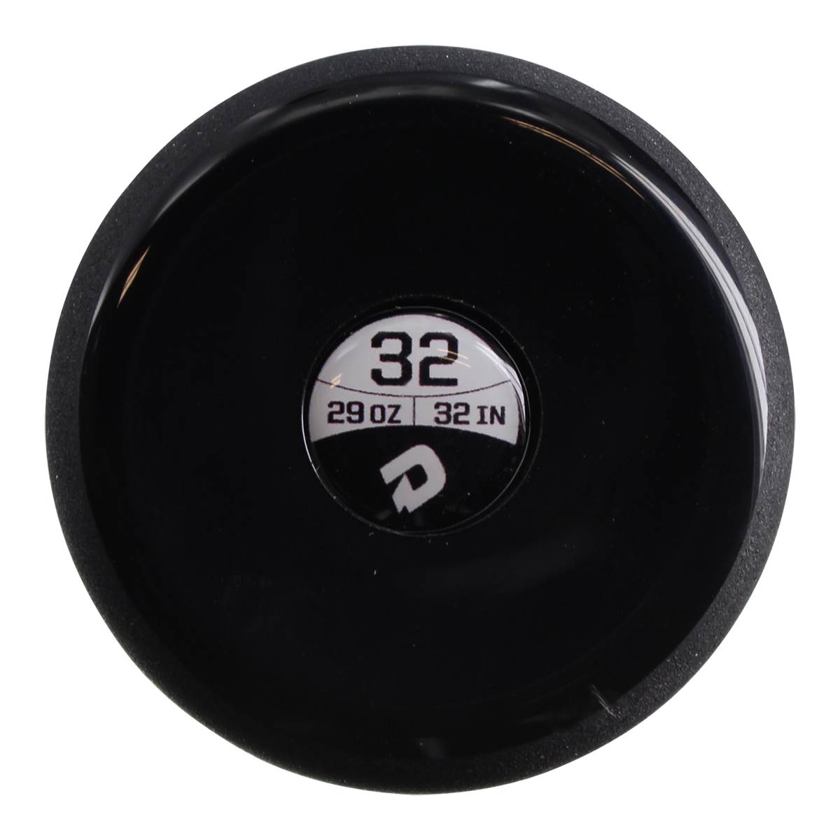 End view of a black baseball bat with 32, 29 OZ, 32 IN, and a DeMarini logo.