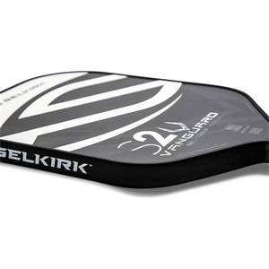 Side view of a black pickleball paddle with white Selkirk branding and S2 Vanguard text.