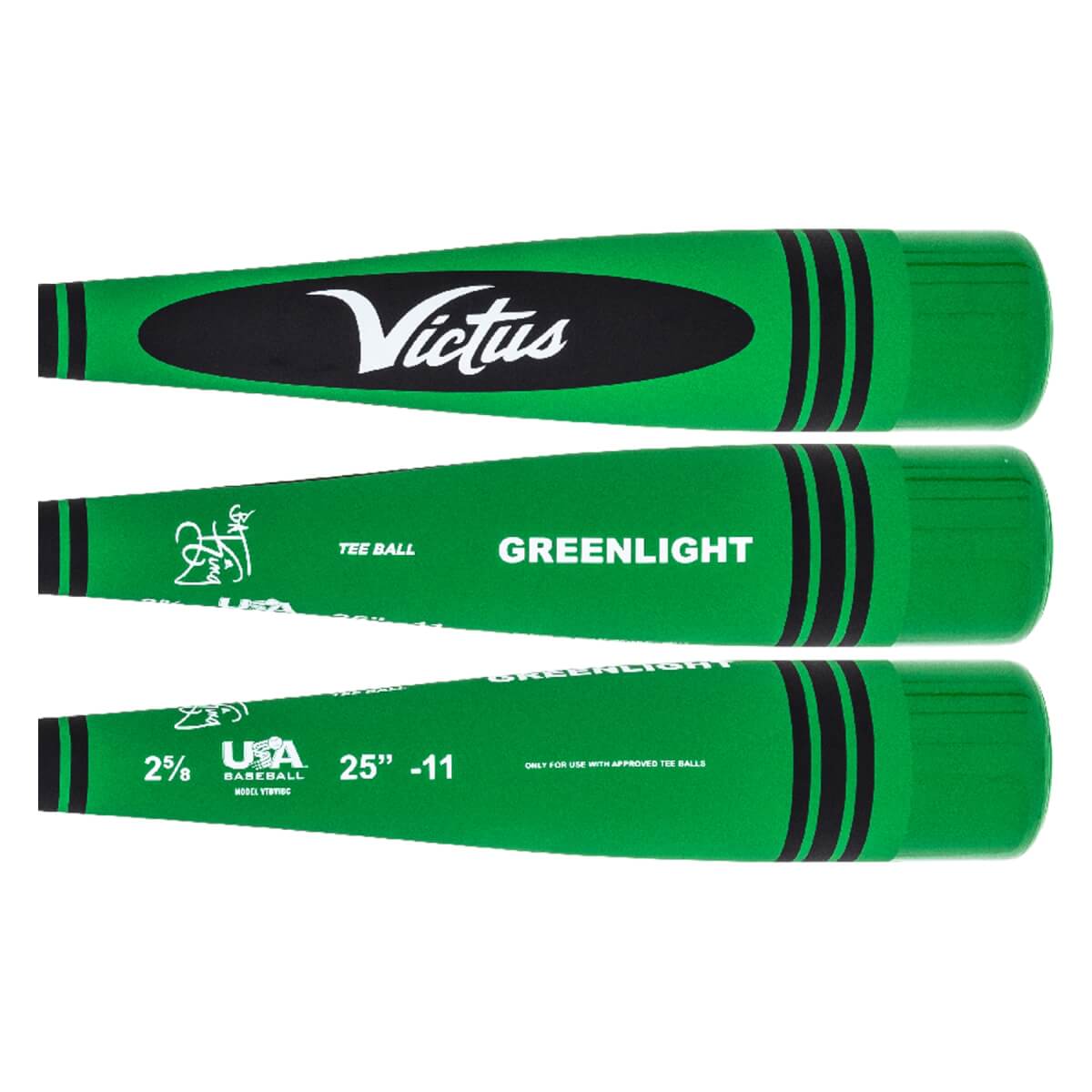 Top-down view of a green tee ball baseball bat with Victus branding and black stripes.