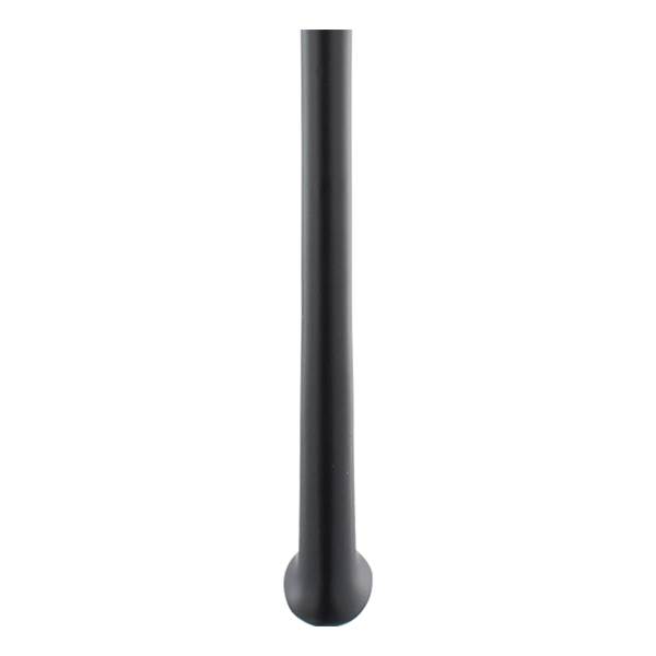 Bottom view of a black baseball bat with a rounded knob.