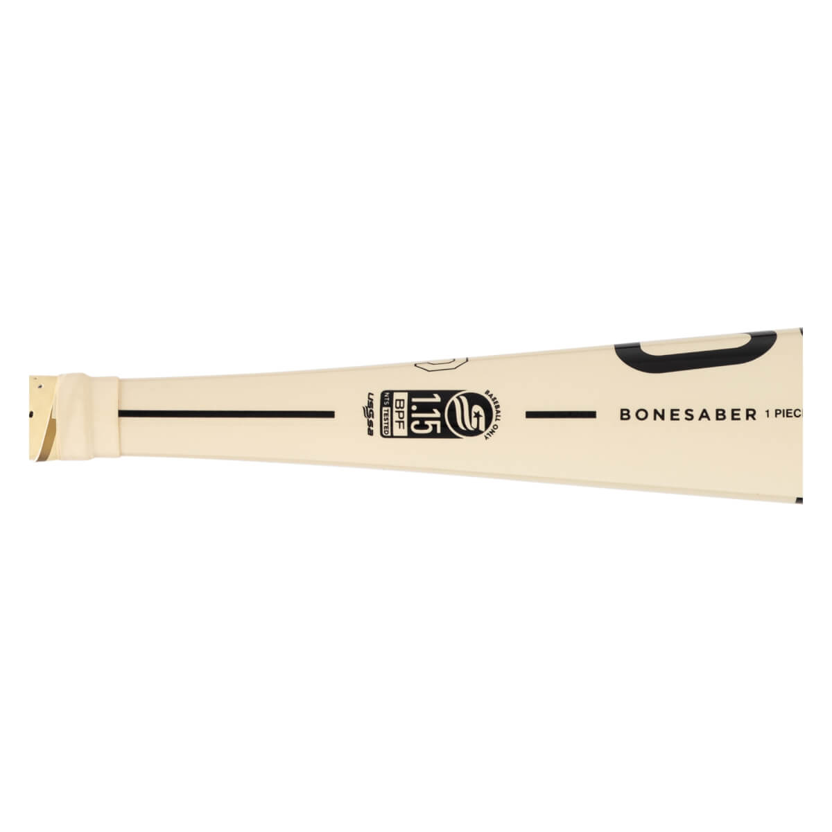 Mid-section view of a cream baseball bat with BONESABER text, a 1.15 BPF stamp, and cream grip tape.