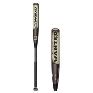 Side view of a brown softball bat with COMBAT and WANTED 1.21 text.