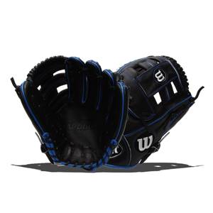 Front view of a black baseball glove with blue stitching and A2000 embossed on the palm.