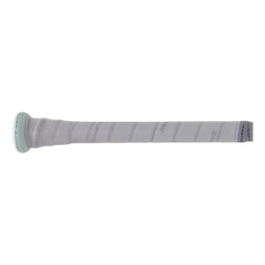 Side close-up of a light gray baseball bat handle with textured grip tape, repeated Easton branding, and a light green knob.