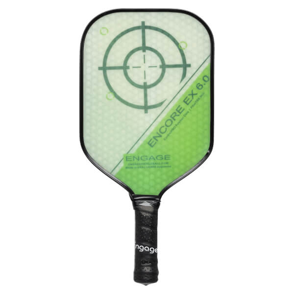 Front view of a green pickleball paddle with a target design and ENCORE EX 6.0 text.