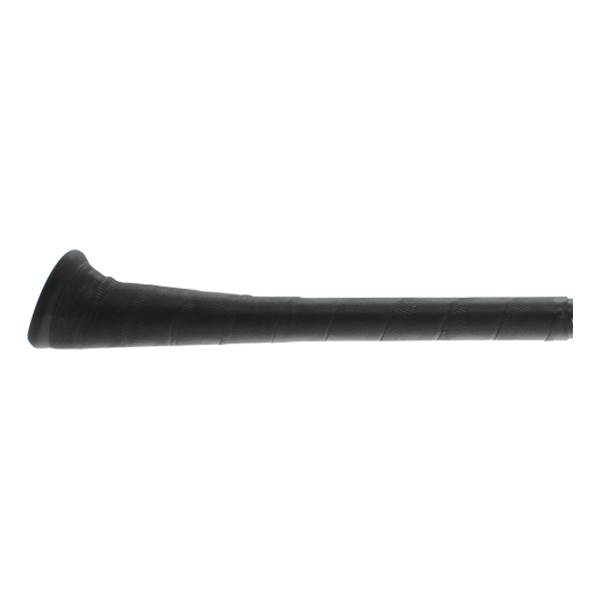 Side view of a black baseball bat with a textured grip and flared knob.