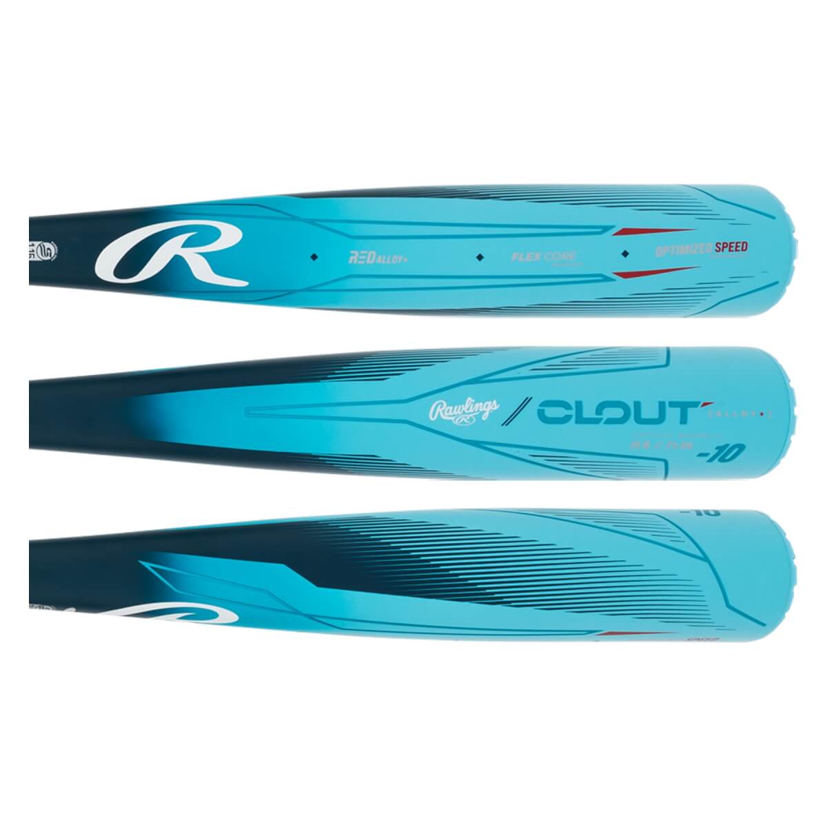 Three views of a blue baseball bat with Rawlings and CLOUT branding, and speed graphics.