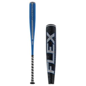 Side view of a blue baseball bat with ANDERSON text and a black grip with FLEX text.