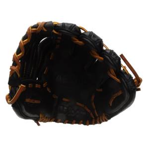 Top-down view of a black baseball glove with tan lacing and a Wilson logo.