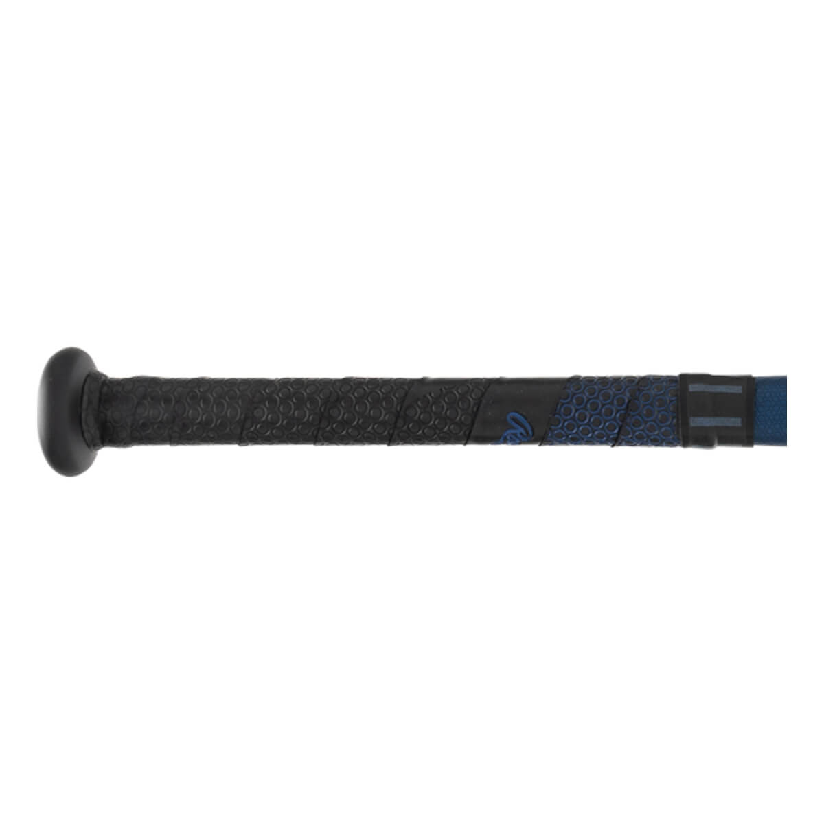Side view of a black baseball bat with a textured grip and blue accents.