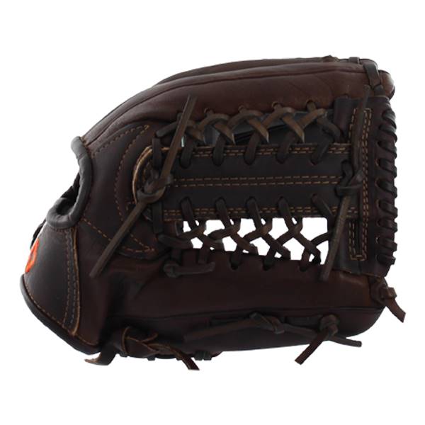Side view of a brown baseball glove with intricate lacing and an orange logo detail.