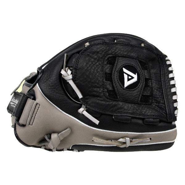 Side view of a black and tan baseball glove with white lacing and an A logo.