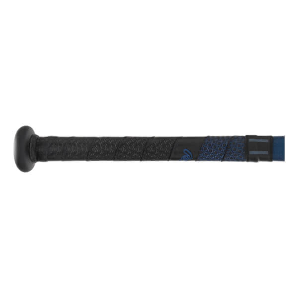 Side view of a black baseball bat with a textured grip and blue accents.