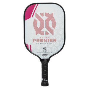 Front view of a white pickleball paddle with pink accents, a large pink logo, and EVOKE PREMIER text.