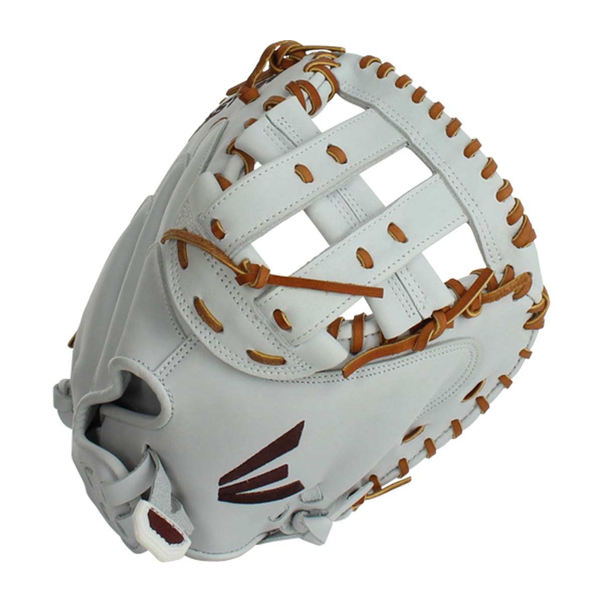 Side view of a white fastpitch catchers mitt with brown lacing and a brown Easton logo.