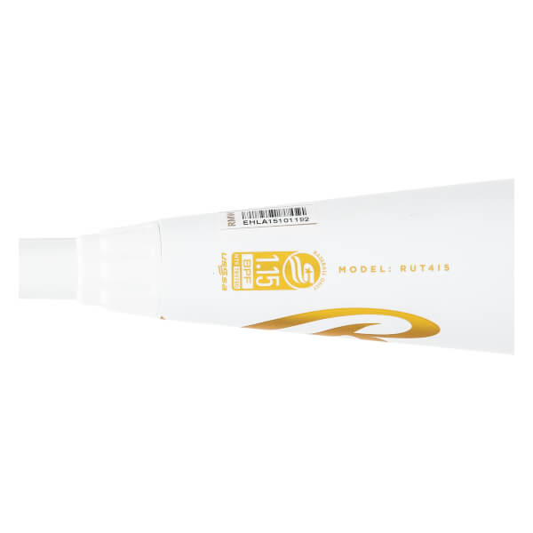 Side view of a white baseball bat with USSSA and 1.15 BPF markings and a gold swoosh logo.