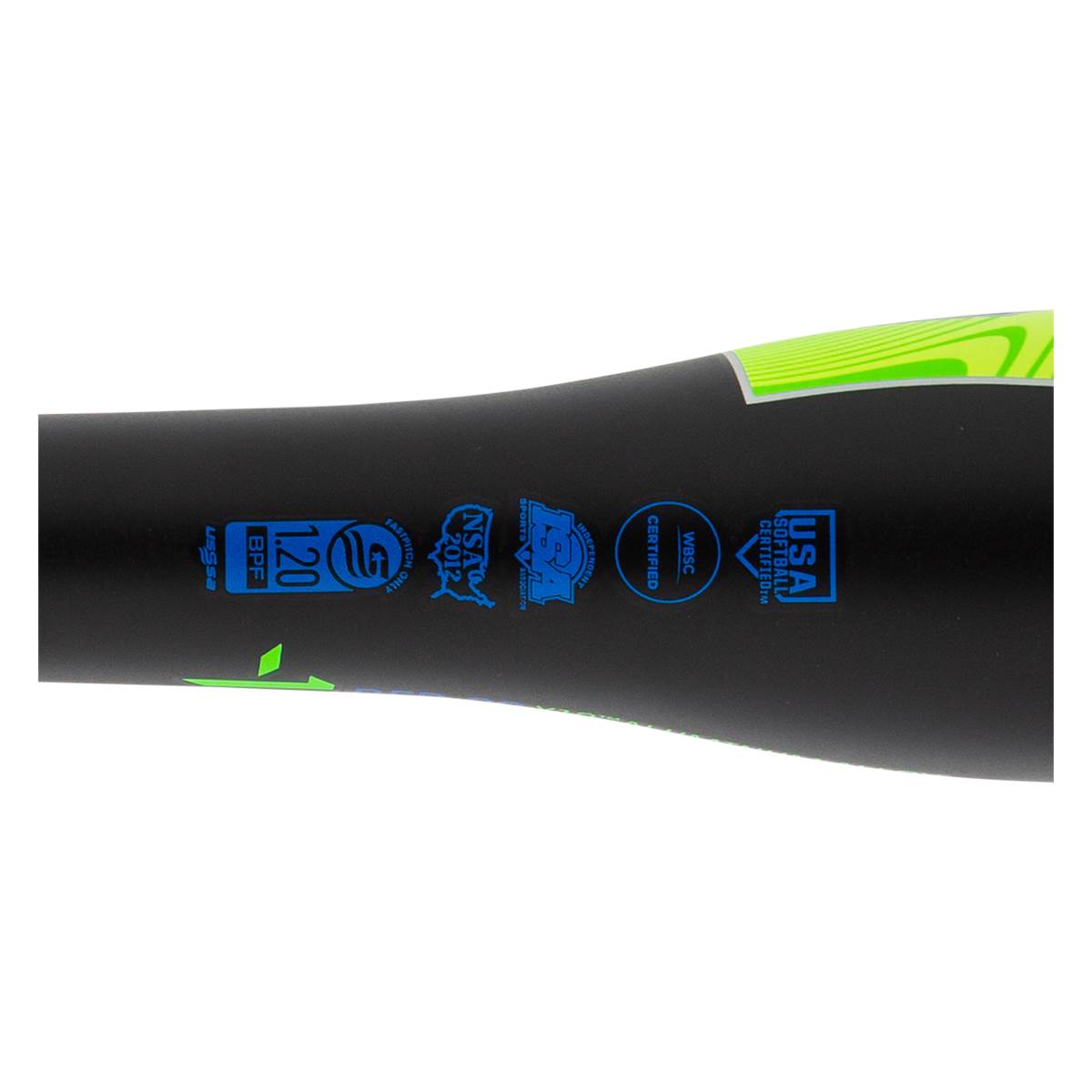 Side view of a black fastpitch softball bat with 120 BPF and USA Softball Certified logos.