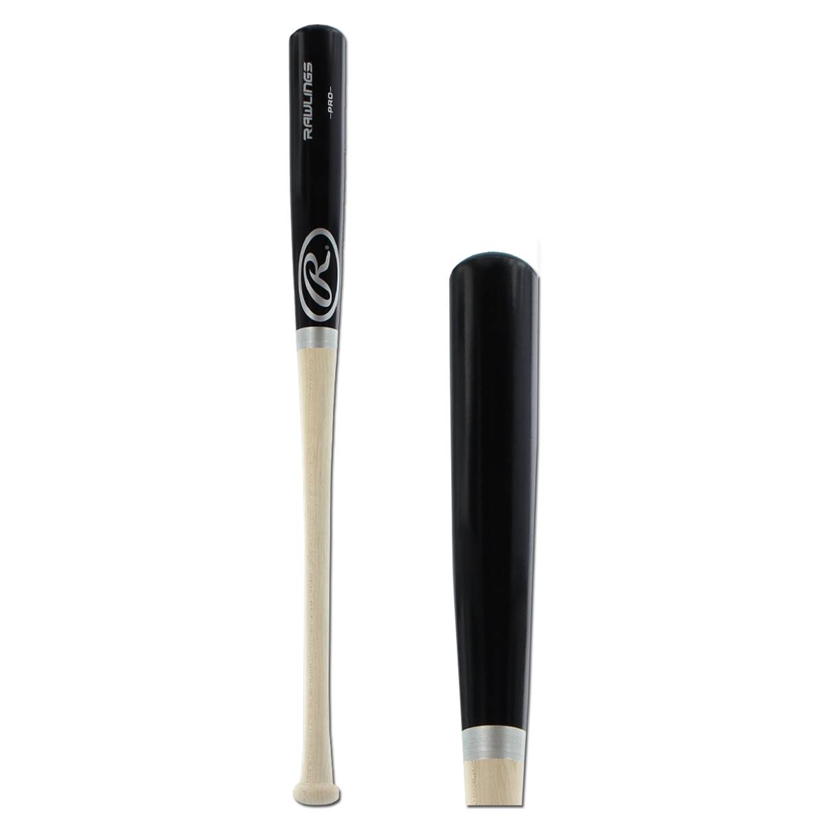 Front view of a black and natural wood baseball bat with Rawlings logo and text.