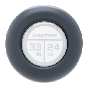 Top-down close-up of a dark gray softball bat end cap with a white insert showing Easton, 33 in, and 24 oz.