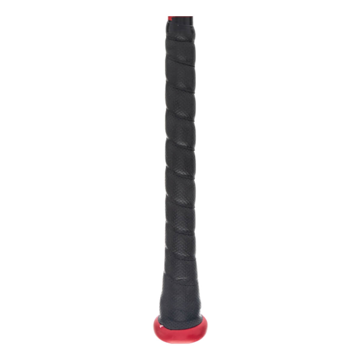 Close-up of a black baseball bat grip with a red end cap.