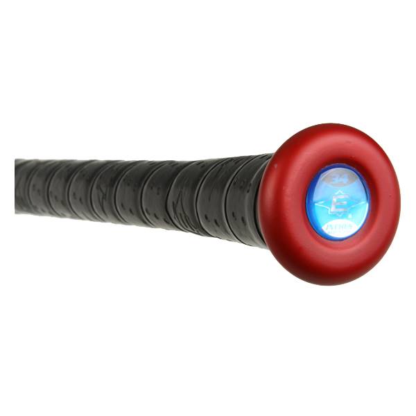 End view of a red baseball bat with a black grip and a blue Easton logo.
