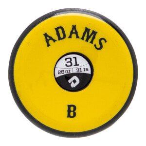 End view of a yellow baseball bat with black lettering ADAMS and B, and a circular white and black label showing 31, 26 OZ, and 31 IN.