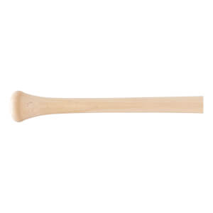Side view of a natural wood baseball bat with a rounded knob and smooth barrel.