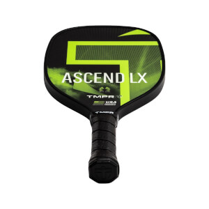 Front view of a black pickleball paddle with green Ascend LX branding and a textured grip.