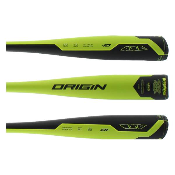 Top view of a neon yellow and black baseball bat with AXE and -10 branding.