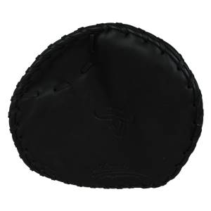 Top-down view of a black training glove with braided edges and embossed Akadema logo.