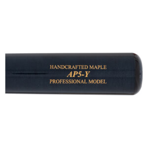 Side view of a dark blue baseball bat with gold text reading HANDCRAFTED MAPLE AP5-Y PROFESSIONAL MODEL.