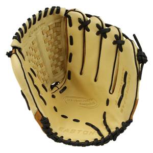 Top-down view of a tan Easton Synergy Fastpitch Series glove with black lacing and a woven palm.