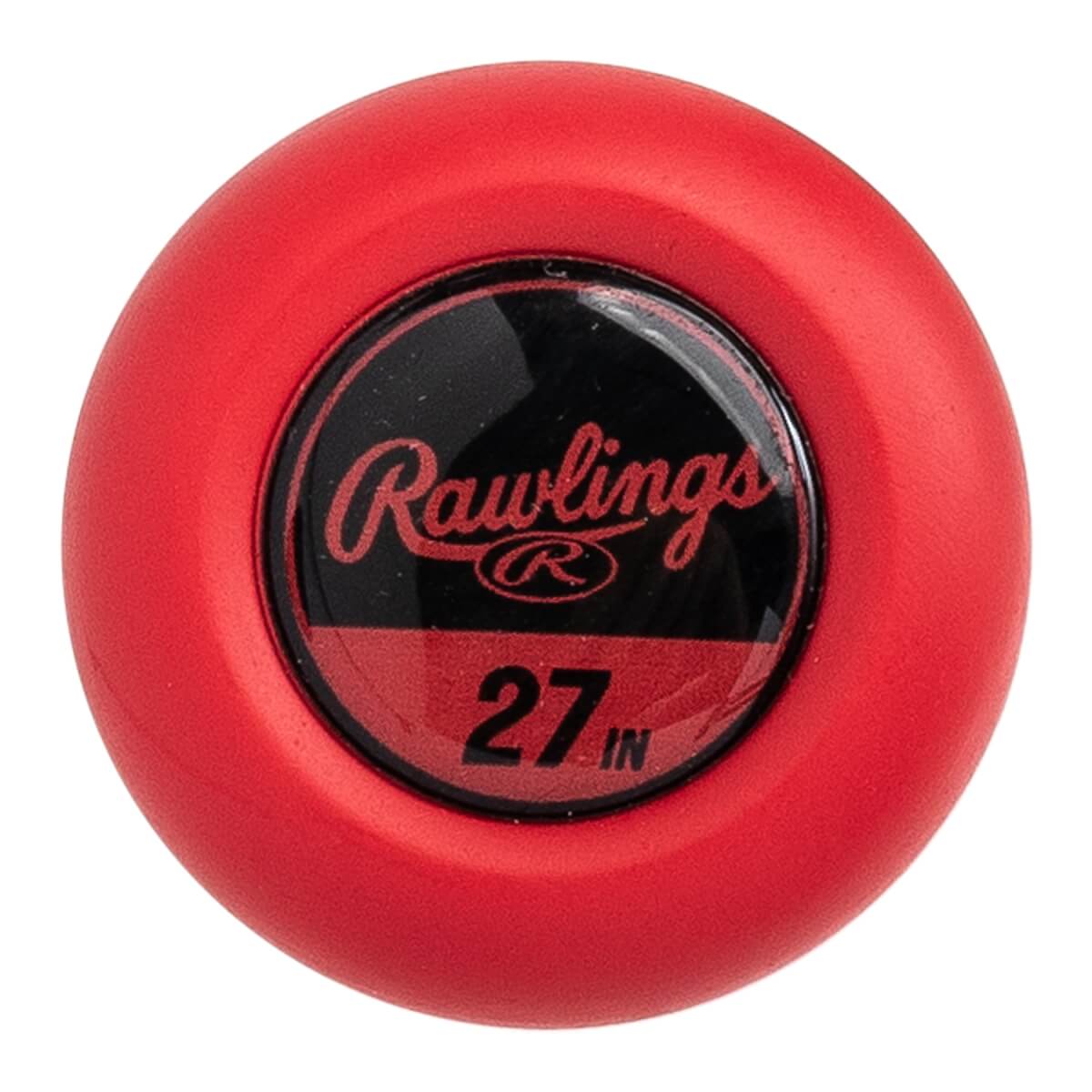 Top-down view of a red baseball bat end cap with Rawlings logo and 27 IN text.