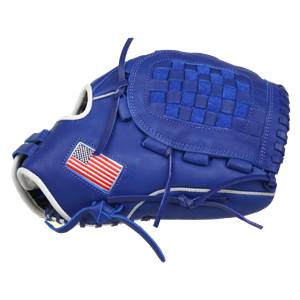 Side view of a royal blue baseball glove with a woven palm and an American flag patch.