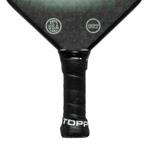 Bottom view of a black pickleball paddle with a black grip, MADE IN USA and USAPA APPROVED logos.