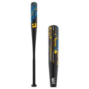 Side view of a black baseball bat with yellow and blue abstract graphics, a yellow DeMarini logo, and USA BASEBALL text.