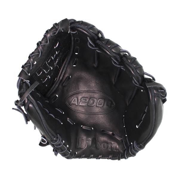 Top-down view of a black baseball glove with A2000 and Wilson branding.