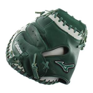 Top-down view of a green and white baseball glove with Mizuno branding and white lacing.
