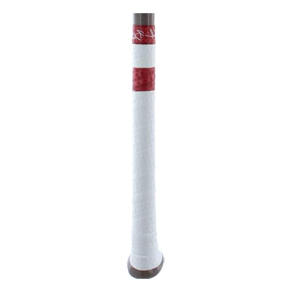 Close-up of a white baseball bat grip with red bands and visible branding.