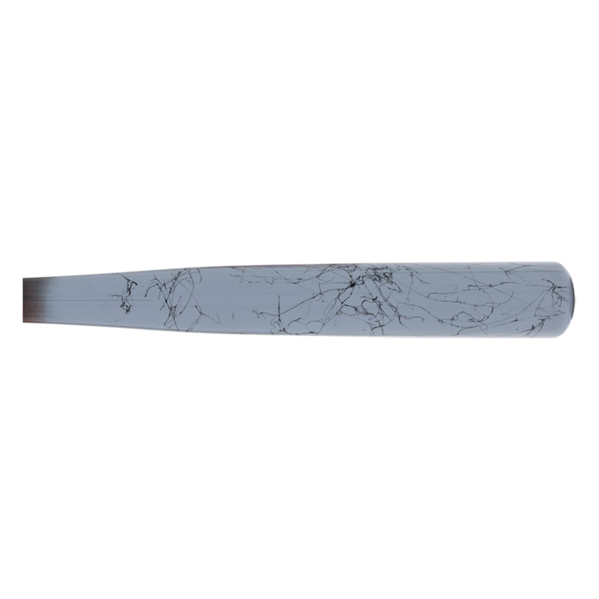 Side view of a gray baseball bat with a cracked pattern.