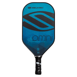 Front view of a blue Selkirk pickleball paddle with a large black S graphic and OMNI text.