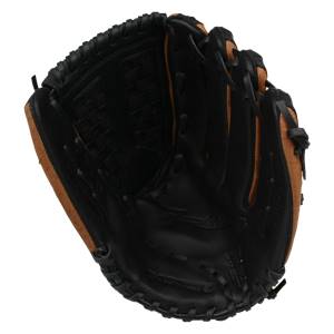 Top-down view of a black and tan baseball glove with a deep pocket and stitched finger stalls.