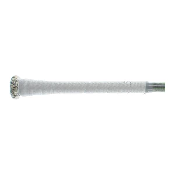 Side view of a black baseball bat with a white grip and silver end cap.